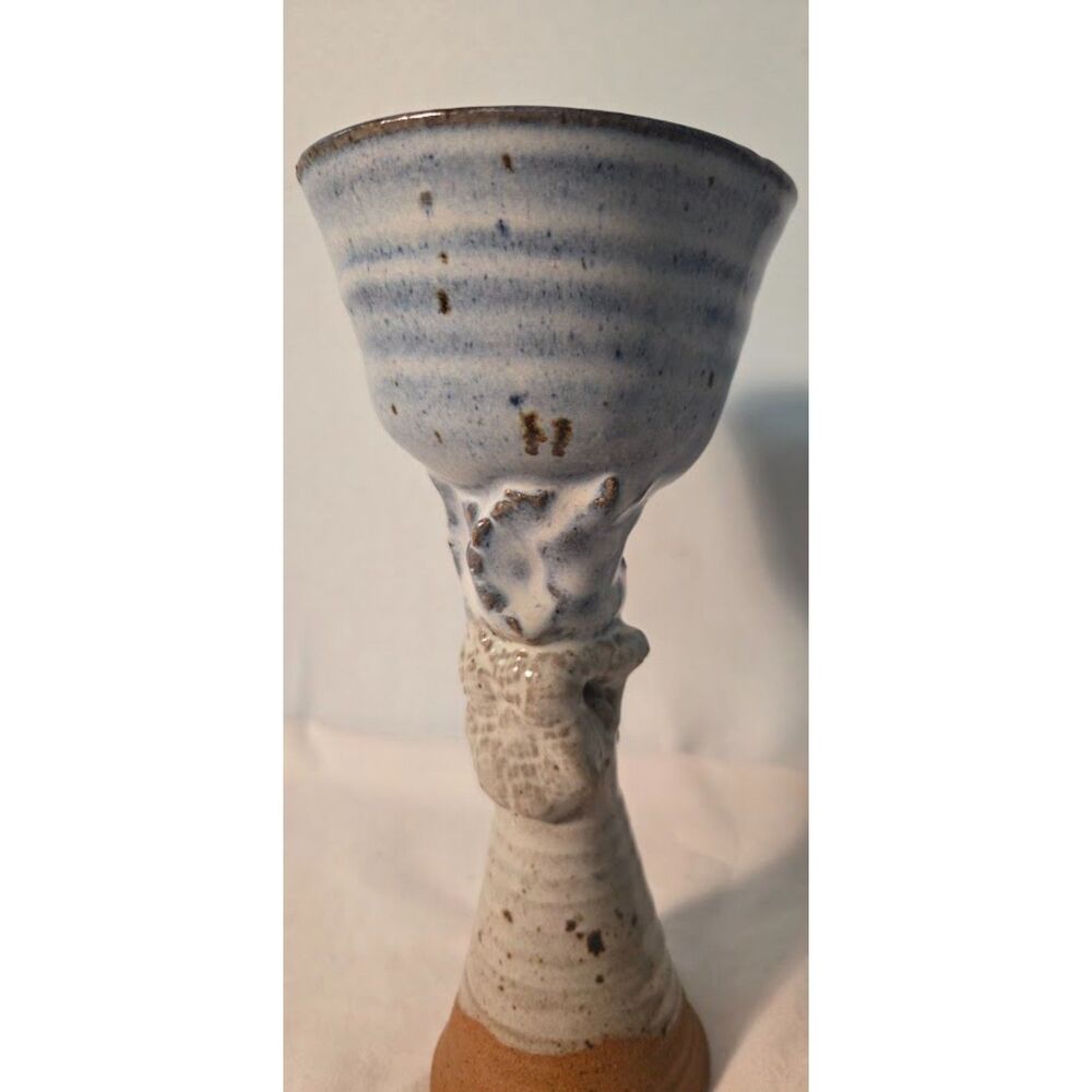 Pair Studio Pottery Stoneware Goblets Blue Speckled Grape Vine